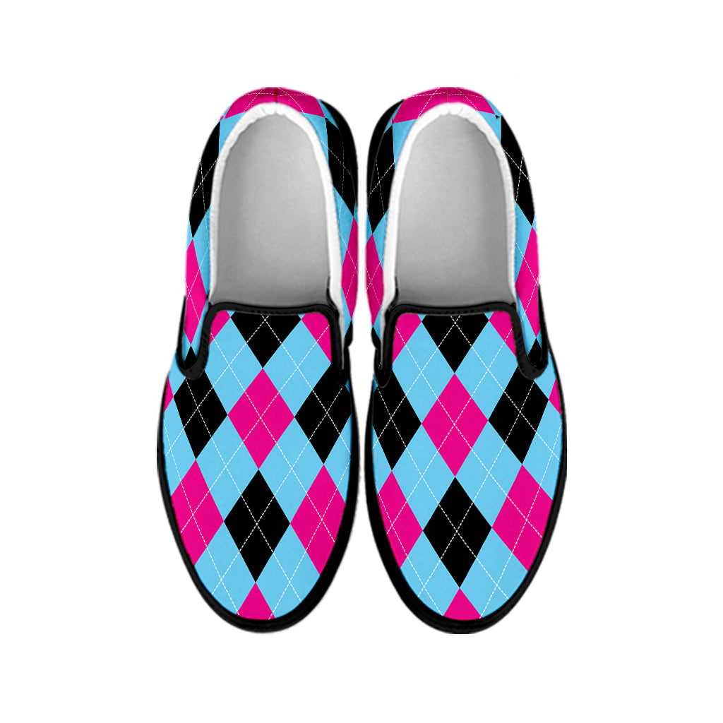 Blue Pink And Black Argyle Pattern Print Black Slip On Shoes