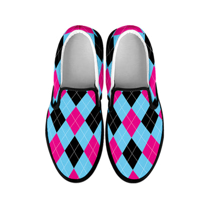 Blue Pink And Black Argyle Pattern Print Black Slip On Shoes