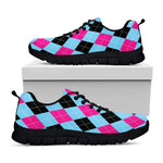 Blue Pink And Black Argyle Pattern Print Black Sneakers