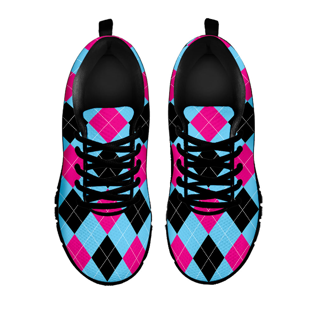 Blue Pink And Black Argyle Pattern Print Black Sneakers