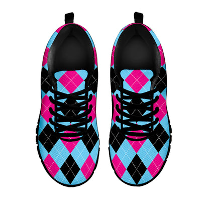 Blue Pink And Black Argyle Pattern Print Black Sneakers