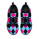 Blue Pink And Black Argyle Pattern Print Black Sneakers