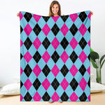 Blue Pink And Black Argyle Pattern Print Blanket