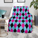Blue Pink And Black Argyle Pattern Print Blanket