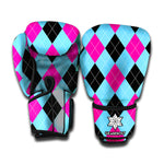 Blue Pink And Black Argyle Pattern Print Boxing Gloves