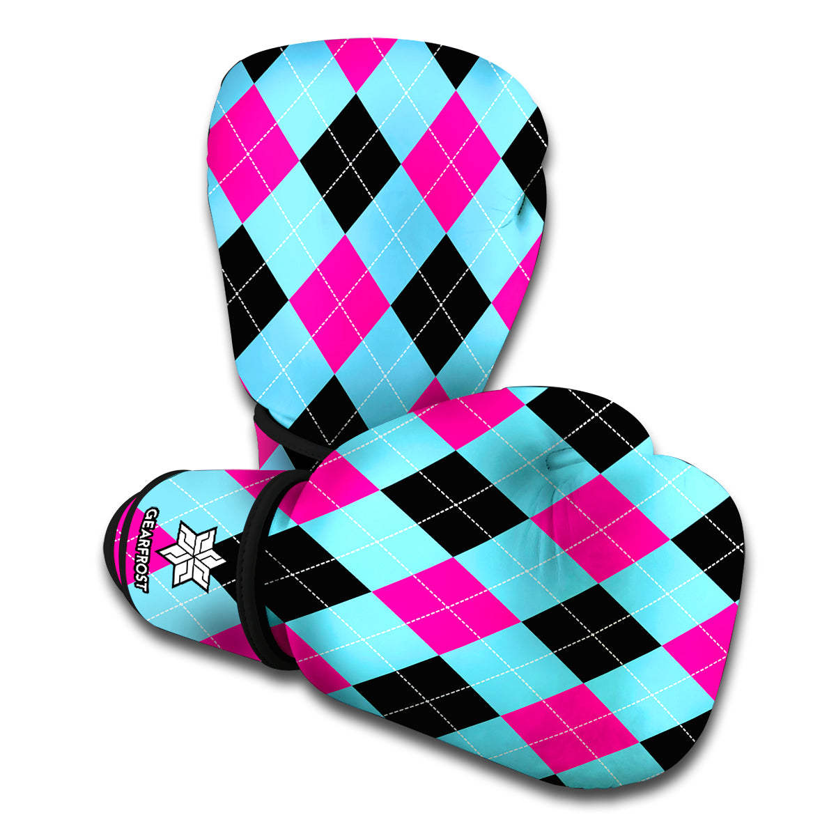 Blue Pink And Black Argyle Pattern Print Boxing Gloves