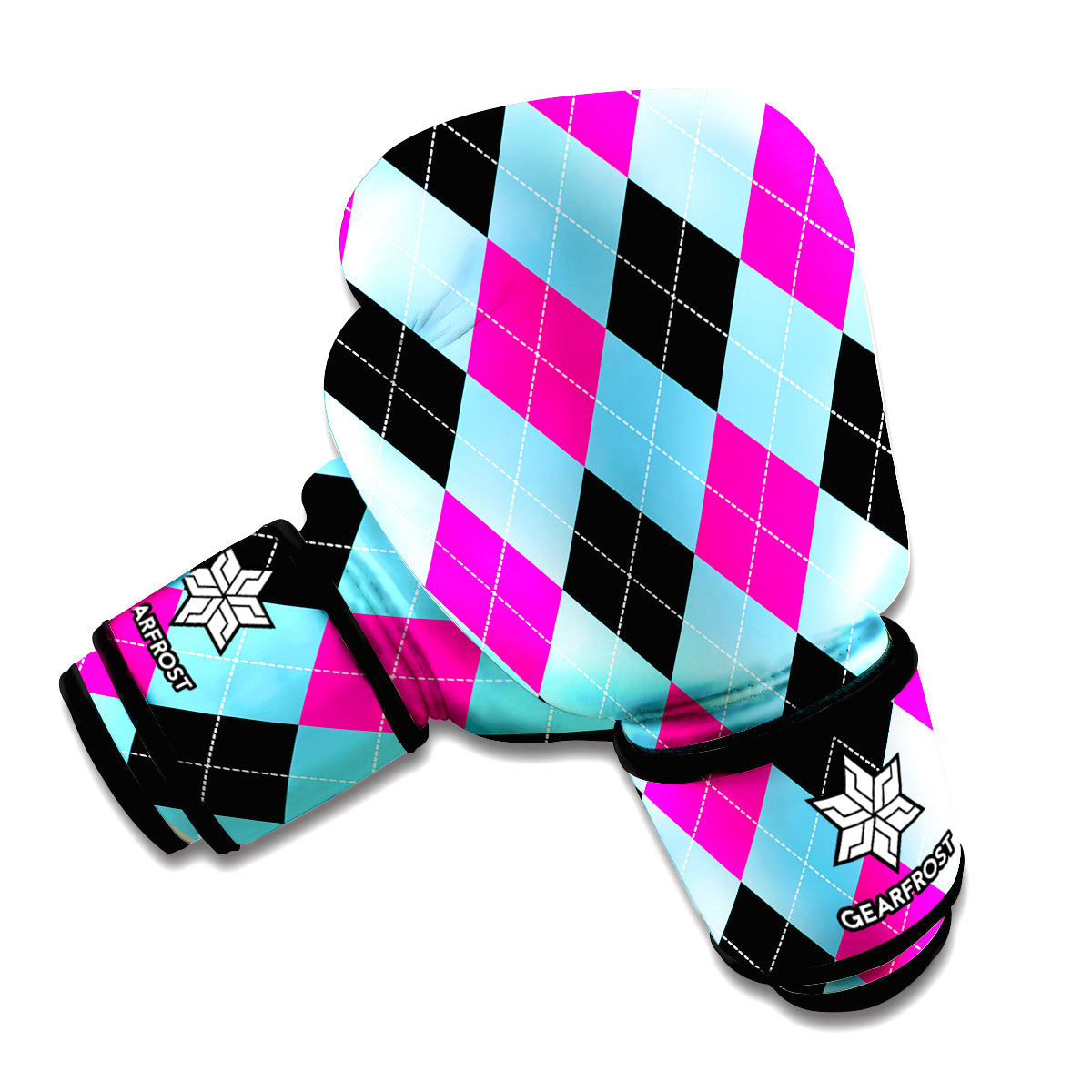 Blue Pink And Black Argyle Pattern Print Boxing Gloves