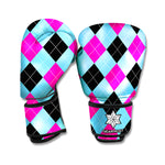 Blue Pink And Black Argyle Pattern Print Boxing Gloves