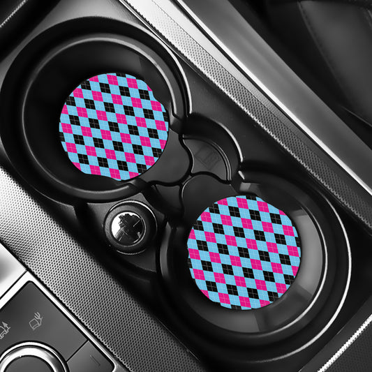 Blue Pink And Black Argyle Pattern Print Car Coasters