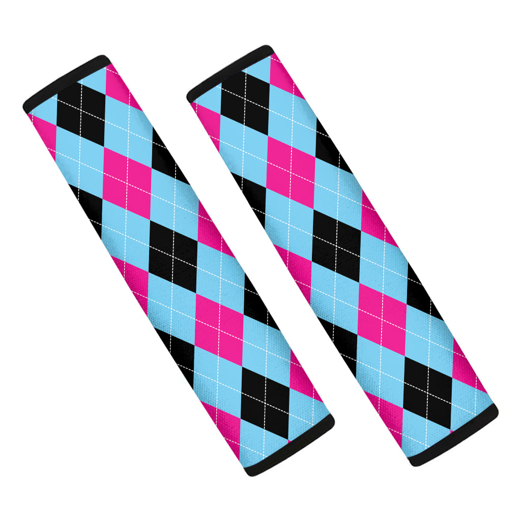 Blue Pink And Black Argyle Pattern Print Car Seat Belt Covers