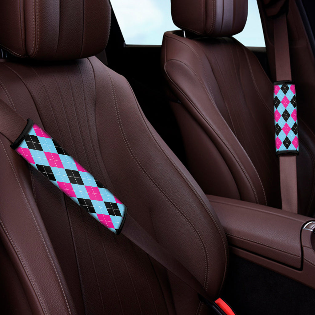 Blue Pink And Black Argyle Pattern Print Car Seat Belt Covers