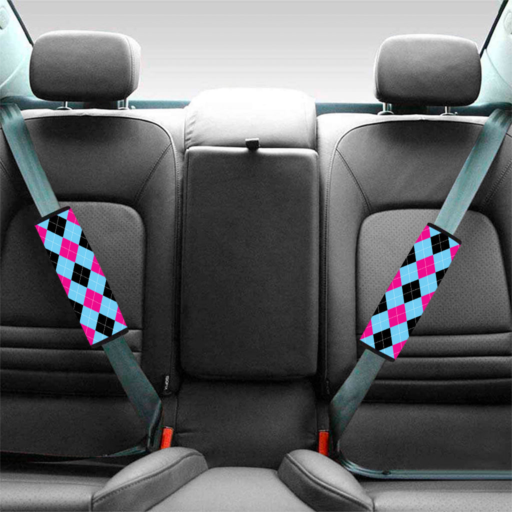 Blue Pink And Black Argyle Pattern Print Car Seat Belt Covers