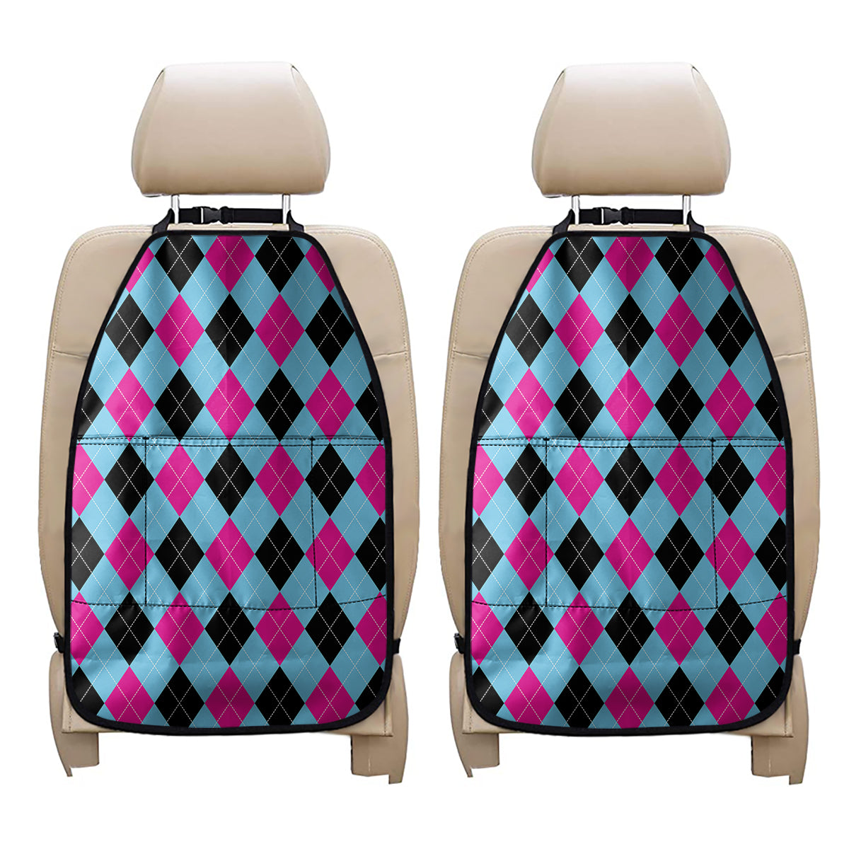Blue Pink And Black Argyle Pattern Print Car Seat Organizers