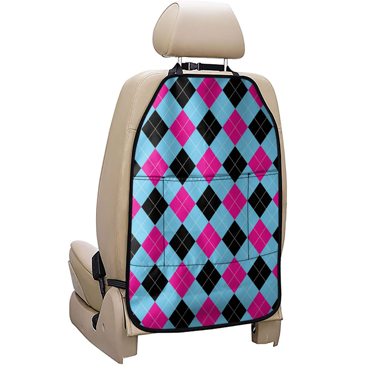 Blue Pink And Black Argyle Pattern Print Car Seat Organizers