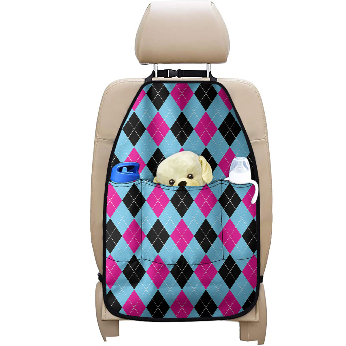 Blue Pink And Black Argyle Pattern Print Car Seat Organizers