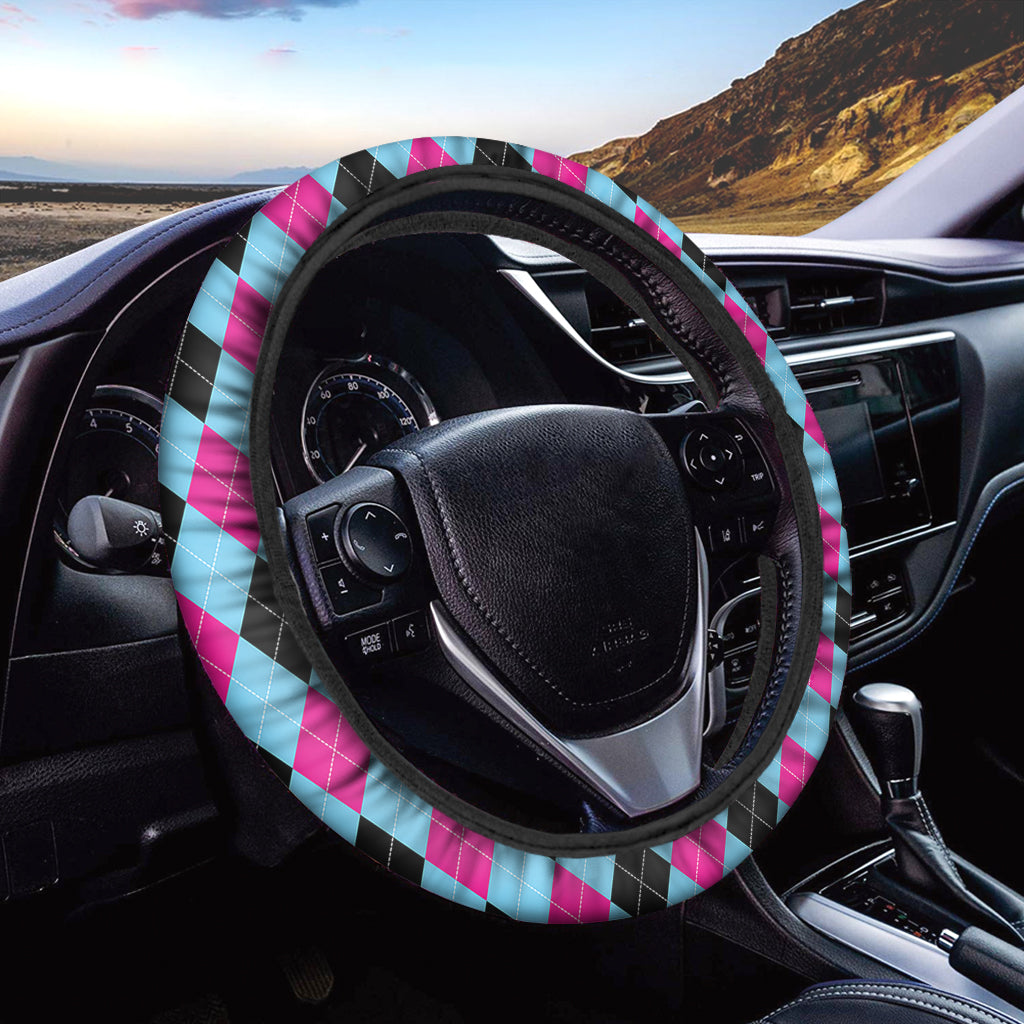 Blue Pink And Black Argyle Pattern Print Car Steering Wheel Cover