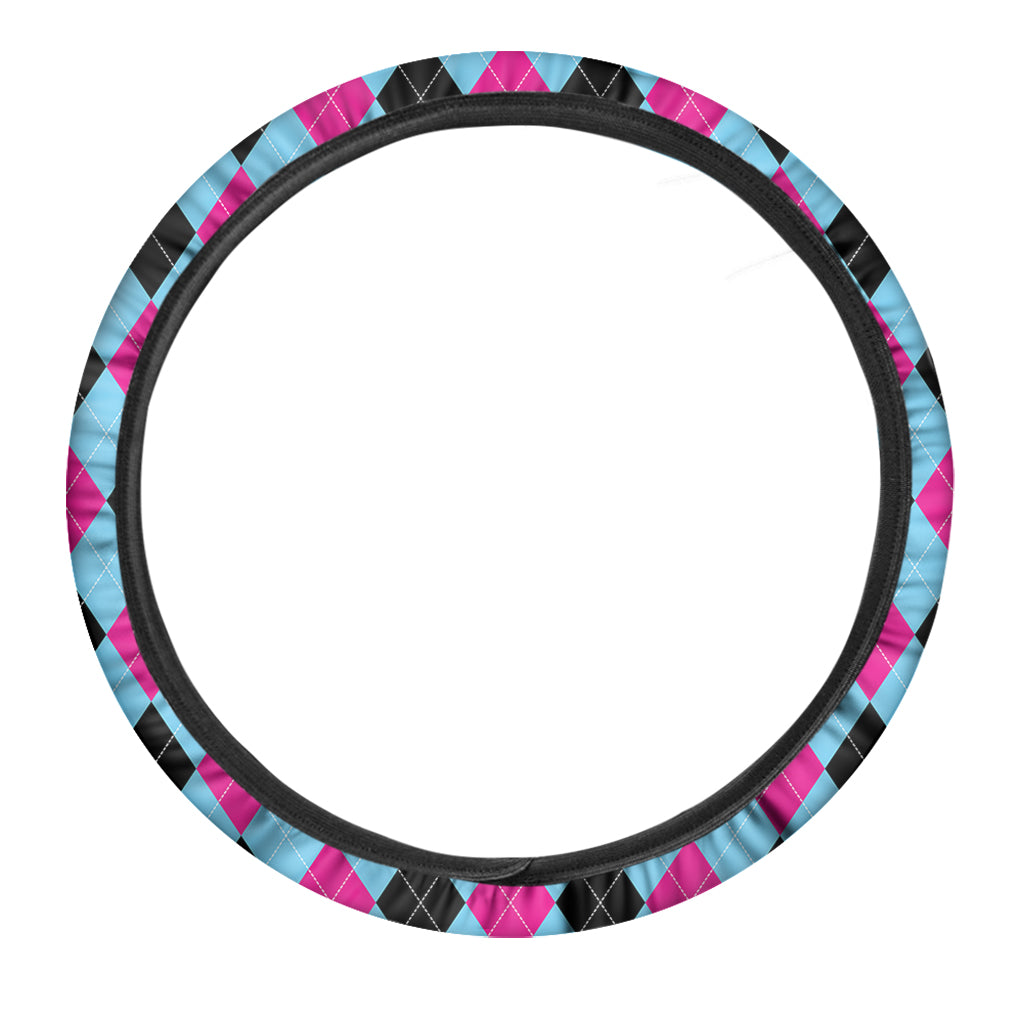 Blue Pink And Black Argyle Pattern Print Car Steering Wheel Cover