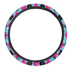 Blue Pink And Black Argyle Pattern Print Car Steering Wheel Cover