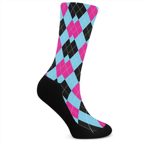 Blue Pink And Black Argyle Pattern Print Crew Socks