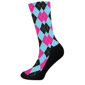 Blue Pink And Black Argyle Pattern Print Crew Socks