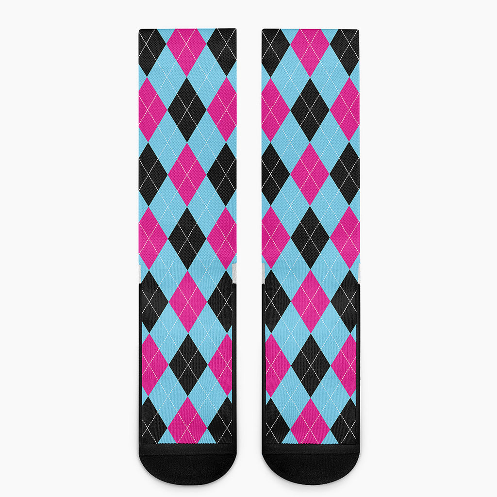 Blue Pink And Black Argyle Pattern Print Crew Socks