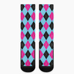 Blue Pink And Black Argyle Pattern Print Crew Socks