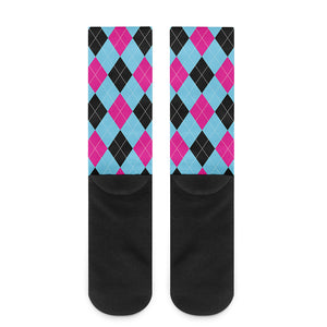 Blue Pink And Black Argyle Pattern Print Crew Socks