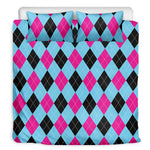 Blue Pink And Black Argyle Pattern Print Duvet Cover Bedding Set