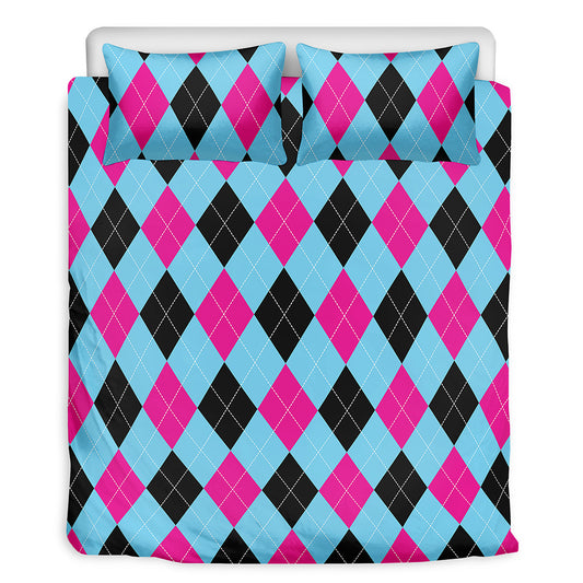 Blue Pink And Black Argyle Pattern Print Duvet Cover Bedding Set