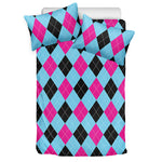 Blue Pink And Black Argyle Pattern Print Duvet Cover Bedding Set