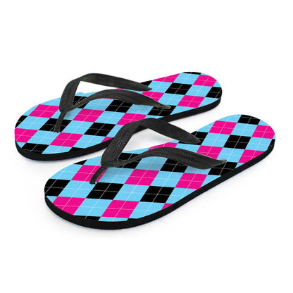 Blue Pink And Black Argyle Pattern Print Flip Flops