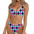 Blue Pink And Black Argyle Pattern Print Front Bow Tie Bikini