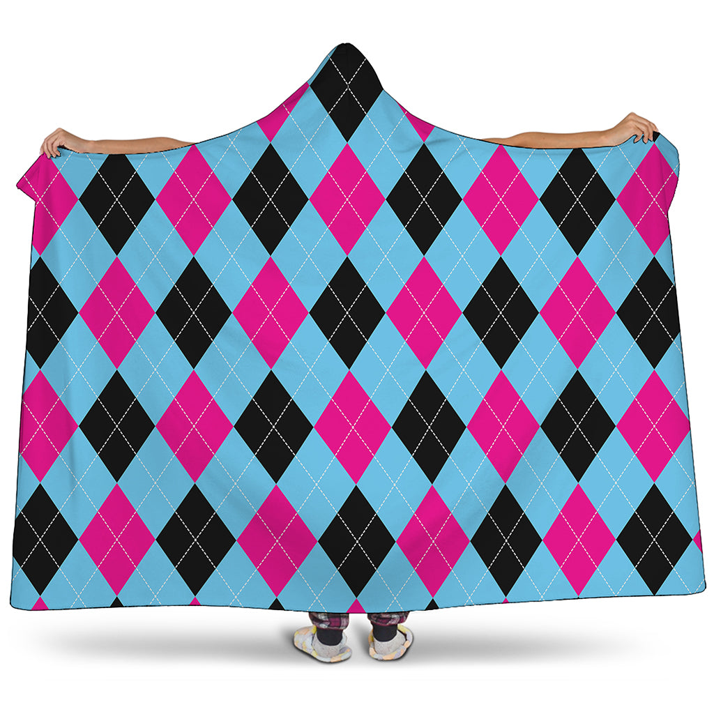 Blue Pink And Black Argyle Pattern Print Hooded Blanket