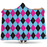 Blue Pink And Black Argyle Pattern Print Hooded Blanket