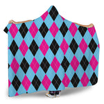 Blue Pink And Black Argyle Pattern Print Hooded Blanket