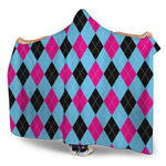 Blue Pink And Black Argyle Pattern Print Hooded Blanket