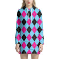 Blue Pink And Black Argyle Pattern Print Pullover Hoodie Dress