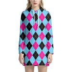 Blue Pink And Black Argyle Pattern Print Hoodie Dress