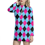 Blue Pink And Black Argyle Pattern Print Hoodie Dress