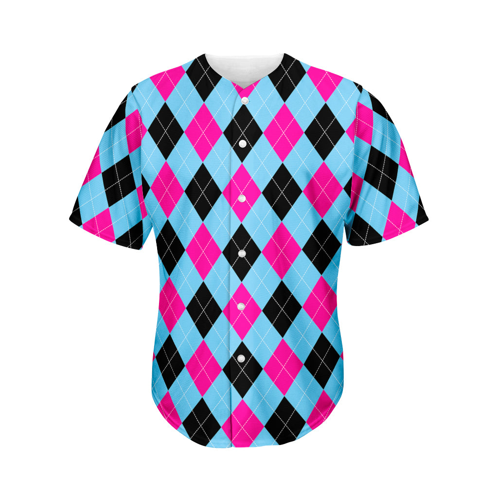 Blue Pink And Black Argyle Pattern Print Men's Baseball Jersey