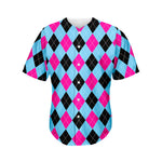 Blue Pink And Black Argyle Pattern Print Men's Baseball Jersey