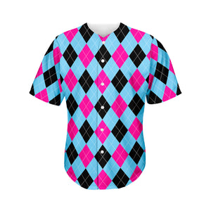 Blue Pink And Black Argyle Pattern Print Men's Baseball Jersey