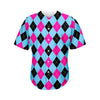 Blue Pink And Black Argyle Pattern Print Men's Baseball Jersey