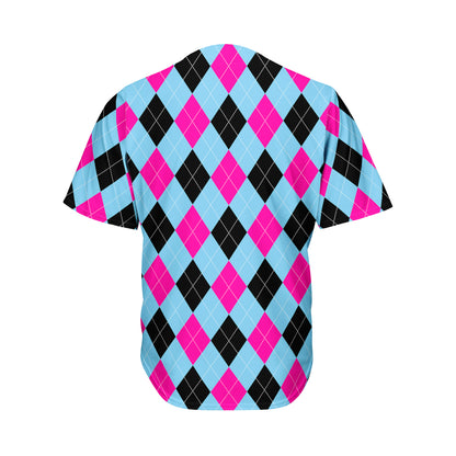Blue Pink And Black Argyle Pattern Print Men's Baseball Jersey