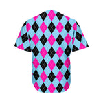 Blue Pink And Black Argyle Pattern Print Men's Baseball Jersey