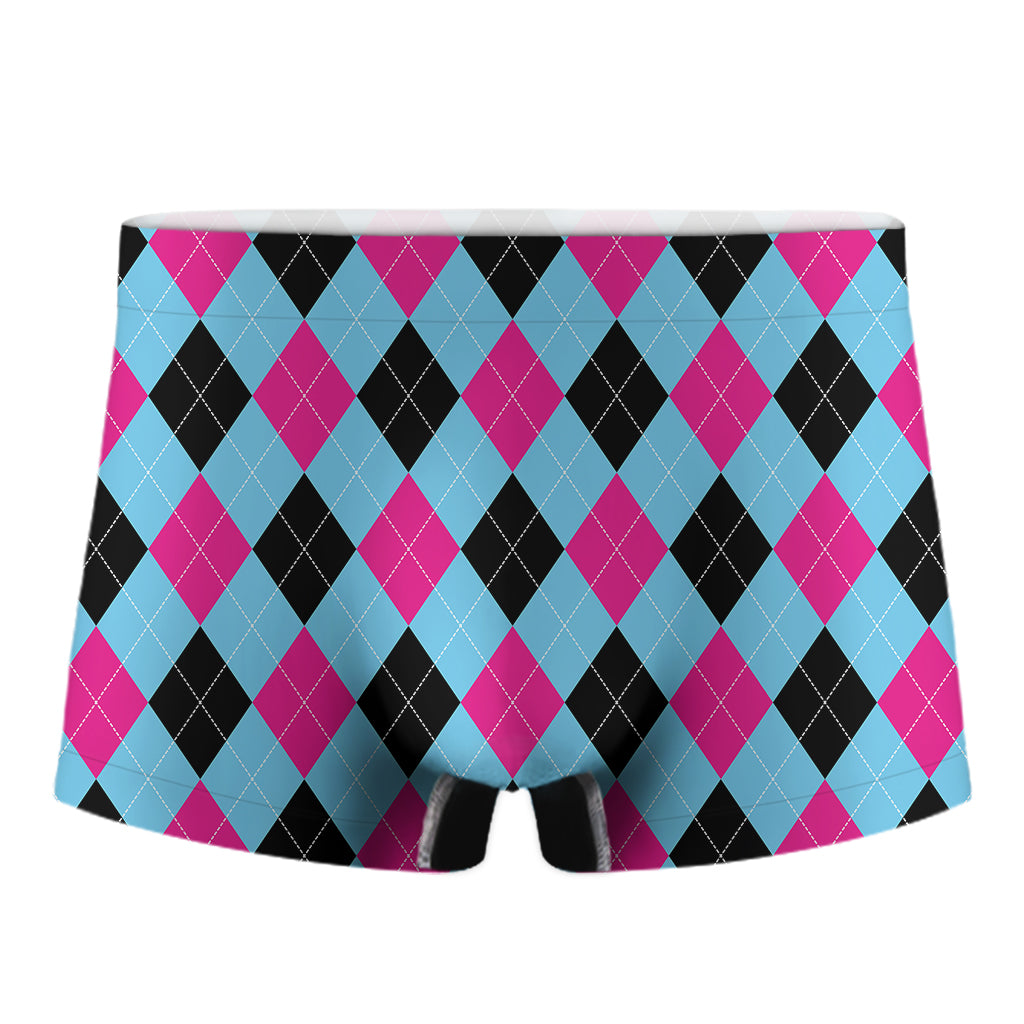 Blue Pink And Black Argyle Pattern Print Men's Boxer Briefs