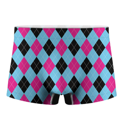 Blue Pink And Black Argyle Pattern Print Men's Boxer Briefs
