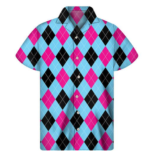 Blue Pink And Black Argyle Pattern Print Men's Short Sleeve Shirt