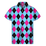 Blue Pink And Black Argyle Pattern Print Men's Short Sleeve Shirt