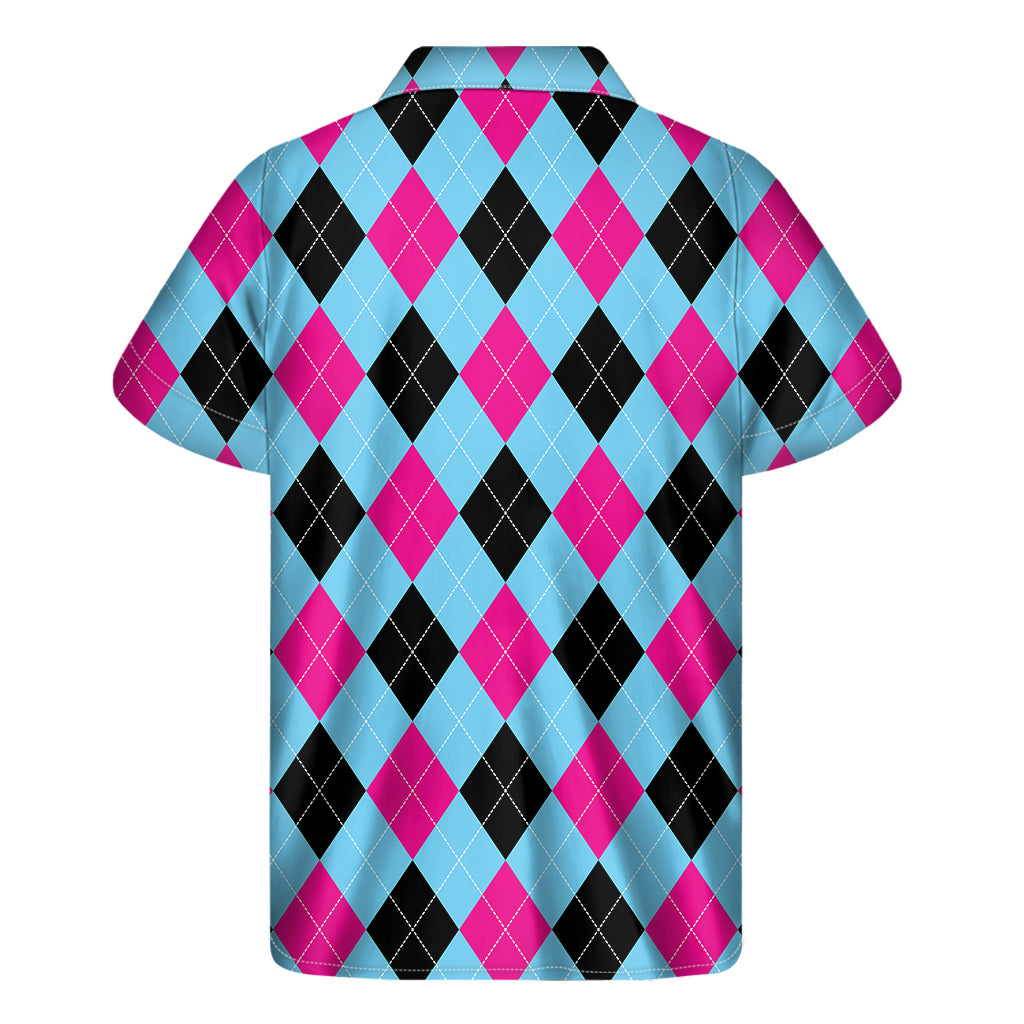 Blue Pink And Black Argyle Pattern Print Men's Short Sleeve Shirt